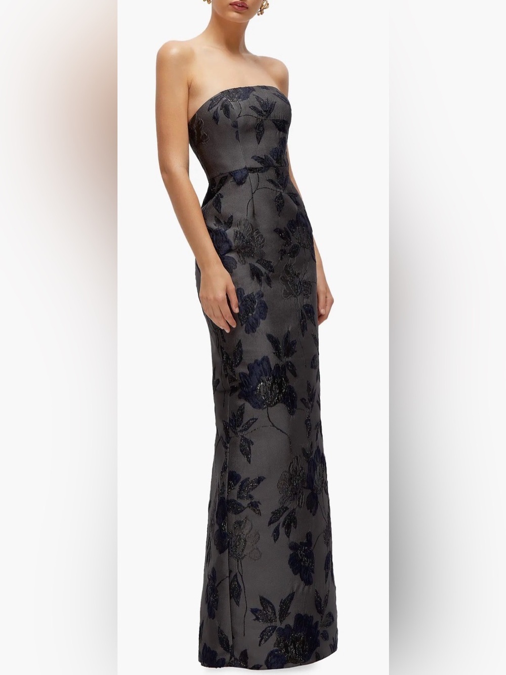 NEW Alfred Sung Metallic Floral Jacquard black navy Strapless Sheath Gown Sz 16 - Picture 3 of 9